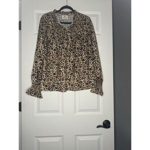 Betseys Boutique Shop Long Sleeve Leopard Print Tassel Tie Smock Cuff Blouse Xl